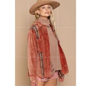 POL jacket woman M rust corduroy and plaid patchwork button up shirt raw edges